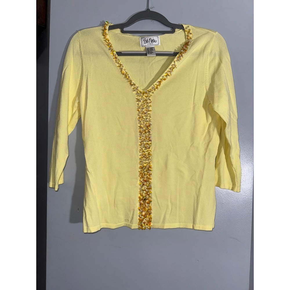 Bob Mackie yellow embellished petal and sequin strip sweater size small